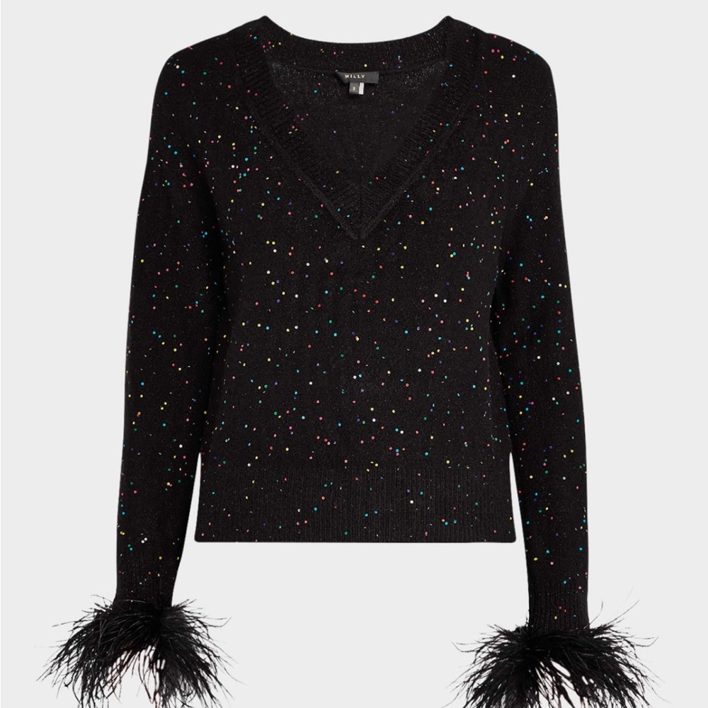 Alice + Olivia Black V-Neck Sweater with Feather Cuffs